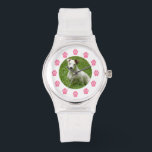 Reloj De Pulsera Mascota personalizado - Impresiones de pintura ros<br><div class="desc">Un reloj con huellas de una pata rosa con números. Personalice con su propio envío de fotos de mascota en el centro.</div>