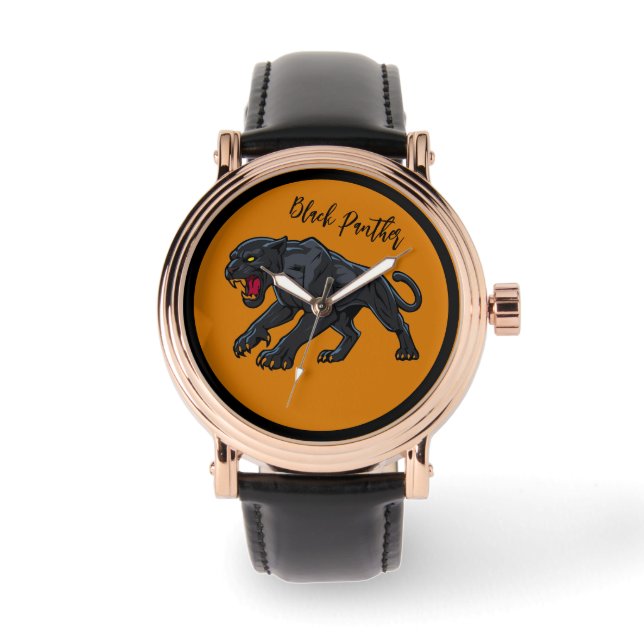Reloj De Pulsera Masculino, Pantera Negra , Fondo Naranja (Anverso)