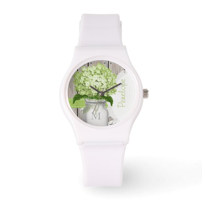 Reloj De Pulsera Mason Jar Green Hydrangea (Anverso)