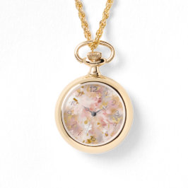 Reloj De Pulsera Mauve & Gold Floral Abstract Necklact Watch