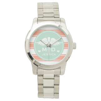 Reloj De Pulsera Médica de banda verde azulada y coral Caduceus MD