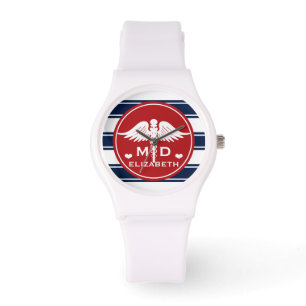 Reloj De Pulsera Médico del rojo y del MD del caduceo de la raya d