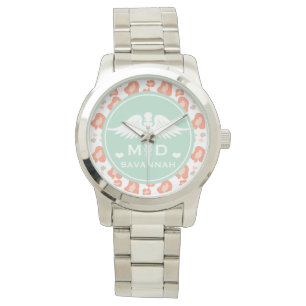 RELOJ DE PULSERA MÉDICO VERDE AZULADO Y CORALINO DEL MD DEL