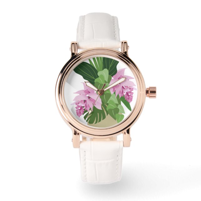 Reloj De Pulsera Medinilla tropical Flor rosa en blanco (Anverso)