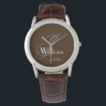 Reloj De Pulsera Mejor regalo de Boda de hombre Monograma moderno G<br><div class="desc">El Mejor Monograma Moderno Del Hombre Boda Y El Nombre Personalizado Guay Watch Con Correa Marrón Y Cuero Marrón. Personalizado para ese toque especial a tu regalo de Mejor Hombre. Haga clic en personalizar esta plantilla para personalizar con el nombre inicial del apellido del monograma, el nombre y la fecha...</div>