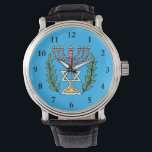 Reloj De Pulsera Menorah Persa Y Magen David<br><div class="desc">Esta imagen fue adaptada de una antigua teja judía persa y cuenta con una menorah con un Magen David (Estrella de David) enmarcado por ramas de olivo. Se han conservado las imperfecciones de la imagen original pintada a mano.</div>
