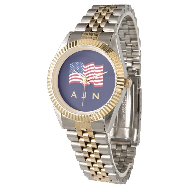 Reloj De Pulsera Mens Gold Monogramado American Flag Watch (Angular)