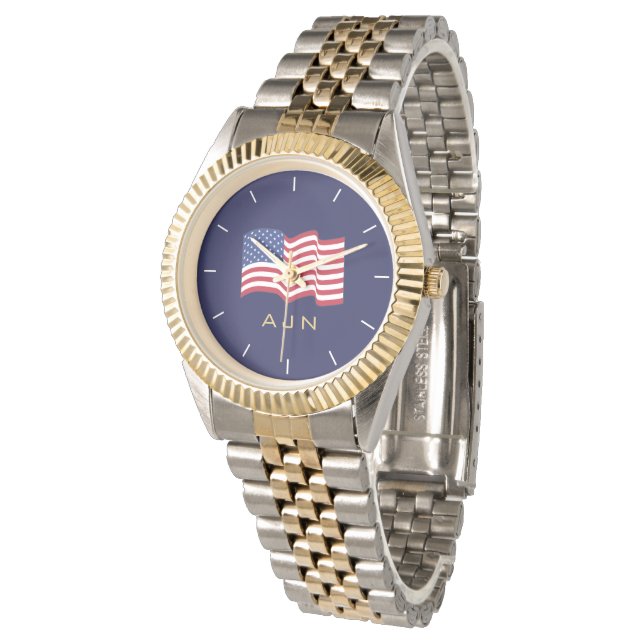 Reloj De Pulsera Mens Gold Monogrammed American Flag Watch  (Angular)