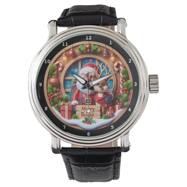 Reloj De Pulsera Merry Bright Christmas Santa Reindeer (Anverso)