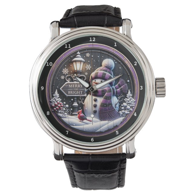 Reloj De Pulsera Merry Bright Snowman with Cardinal (Anverso)