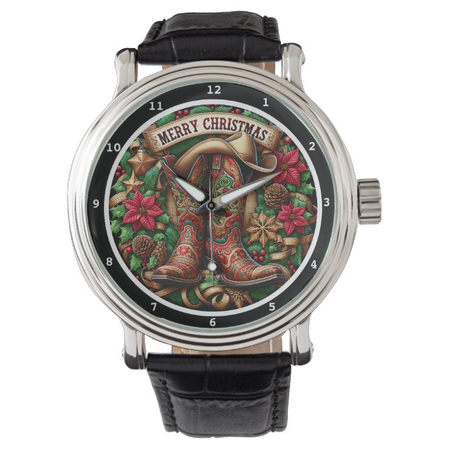 Reloj De Pulsera Merry Christmas Cowboy Boots on a Decorative Dial (Anverso)