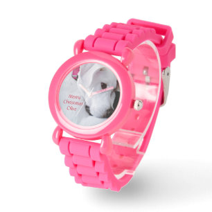 Reloj De Pulsera Merry Christmas Cute Puppy Perro Foto Rosa