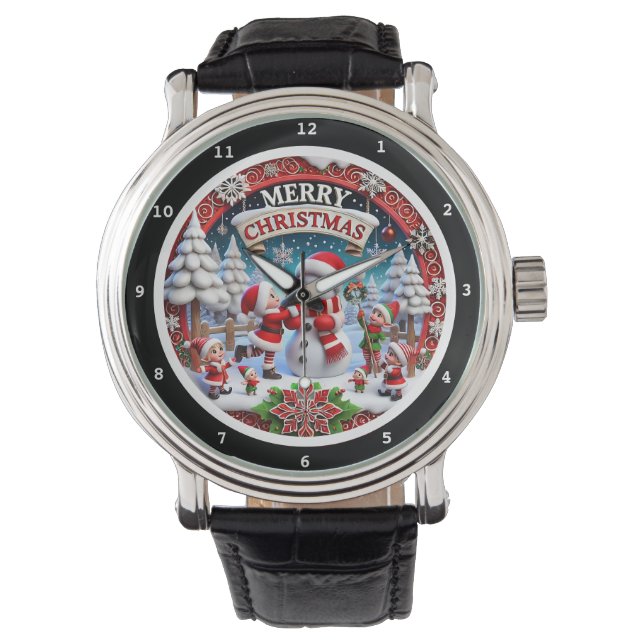 Reloj De Pulsera Merry Christmas Elves and Snowman on a Decorative (Anverso)
