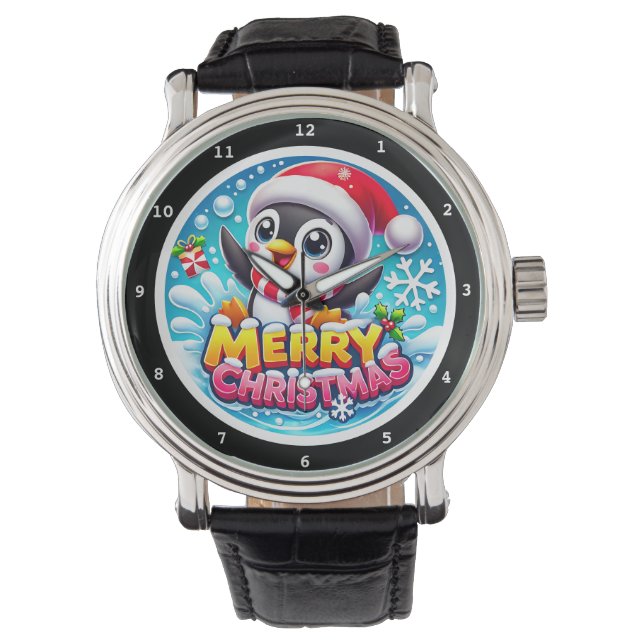 Reloj De Pulsera Merry Christmas Penguin Water Splashes (Anverso)