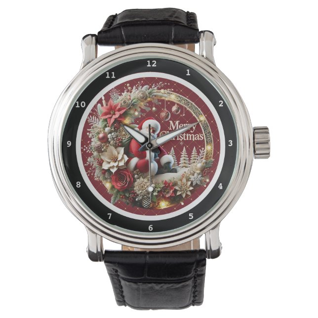 Reloj De Pulsera Merry Christmas Santa and Holiday Wreath (Anverso)