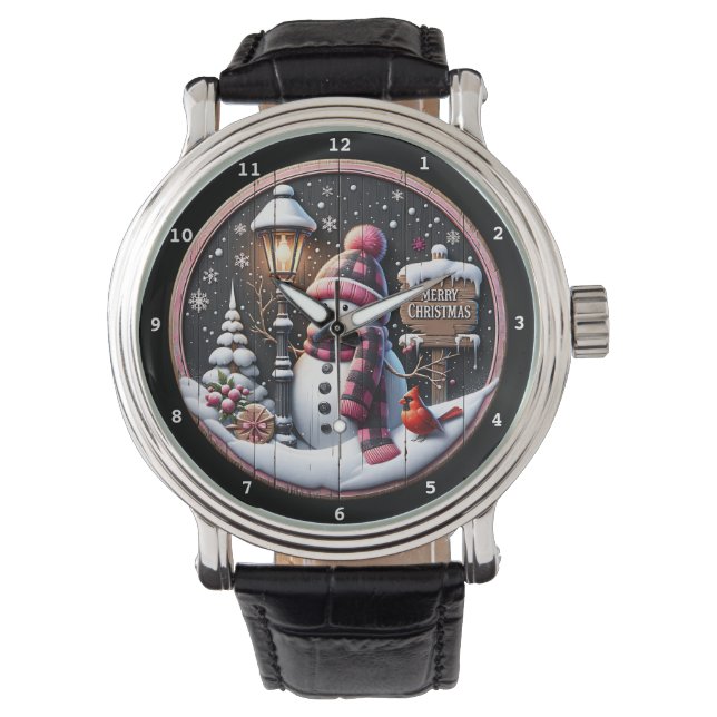 Reloj De Pulsera Merry Christmas Snowman with Cardinal (Anverso)