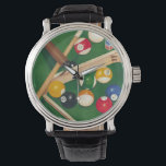 Reloj De Pulsera Mesa de billar de por vida con bolas y chalecos<br><div class="desc">Creándolas con esta pintura espectacular de una mesa de billar de Jennifer Goldberger. Las bolas se ven nuevas, el fieltro se ve inmaculado, y la tiza ya se ha aplicado a los palos de referencia. Cuelga esto en tu casa, o dáselo a un amigo o a un ser querido que...</div>