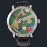 Reloj De Pulsera Mesa de billar de por vida con bolas y chalecos<br><div class="desc">Creándolas con esta pintura espectacular de una mesa de billar de Jennifer Goldberger. Las bolas se ven nuevas, el fieltro se ve inmaculado, y la tiza ya se ha aplicado a los palos de referencia. Cuelga esto en tu casa, o dáselo a un amigo o a un ser querido que...</div>