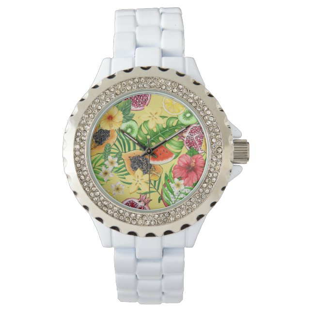 Reloj De Pulsera Mezcla tropical, flores y hojas en amarillo (Anverso)