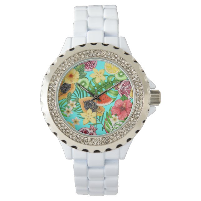 Reloj De Pulsera Mezcla tropical, flores y hojas en azul (Anverso)