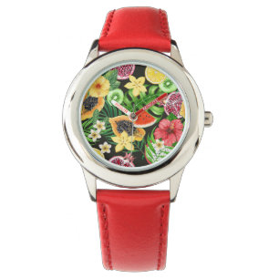 Reloj De Pulsera Mezcla tropical, flores y hojas en negro