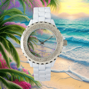 Reloj De Pulsera Mi lugar feliz Diamante de imitación de playa en b