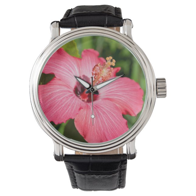 Reloj De Pulsera Michigan, Dearborn Detalle Del Hibiscus Rosa (Anverso)