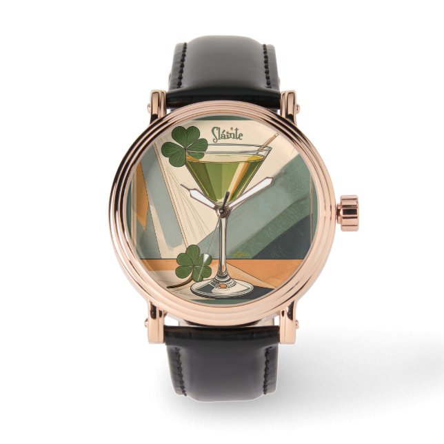 Reloj De Pulsera Mid Century Modern Art Shamrock Martini Sláinte!  (Anverso)