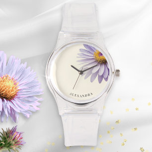 Reloj De Pulsera Minimalista Aster Floral Púrpura Nombre Personaliz