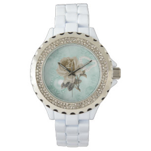 Reloj De Pulsera Mint Green Ivory Rosas Diamantes de imitación blan
