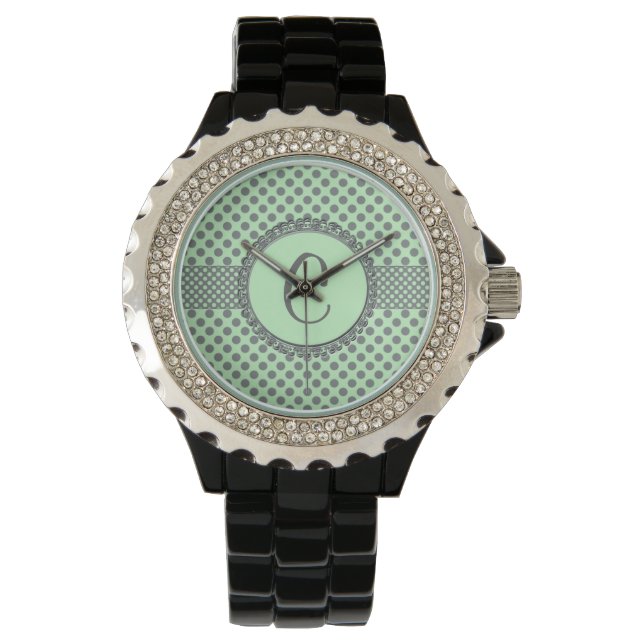 Reloj De Pulsera Mint Green with Grey Polka Dots-Monogram STaylor (Anverso)