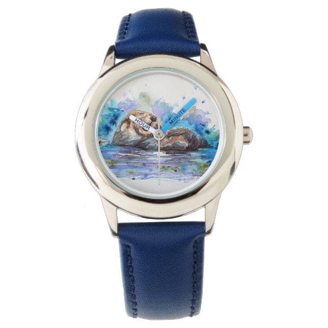 Reloj De Pulsera Mirando arte acuarela de las nutrias (Anverso)