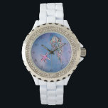 Reloj De Pulsera *~* Moda Acuarela Mar Jelly Fish Star Fish<br><div class="desc">La estrella Fish Jelly Fish Gold Purpurina Purpurina Púrpura Purpurina azul en una playa como una espumosa y elegante acuarela abstracta azul con un fondo de magenta decoran la cara de este reloj de bonito. El reloj tiene una banda de esmalte blanco y una cara rodeada de un pequeño diamante,...</div>