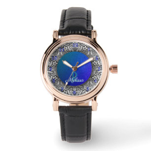 Reloj De Pulsera Moda de cuero azul y encaje negro monogramada