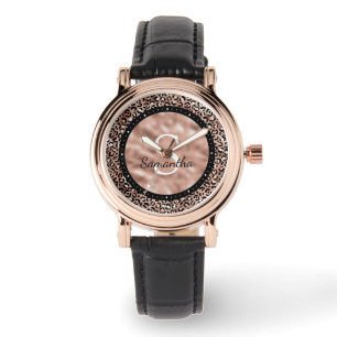 Reloj De Pulsera Moda Elegante Rosa Gold Leopard Imprimir Nombre Mo