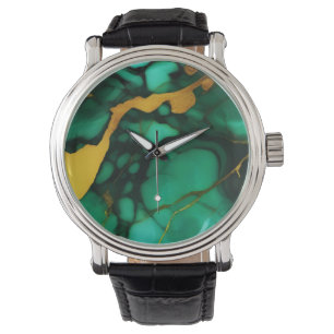 Reloj De Pulsera Moda Elegante verde oscuro dorado Faux Marble