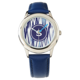 Reloj De Pulsera Modelo azul y blanco elegante del ikat de la