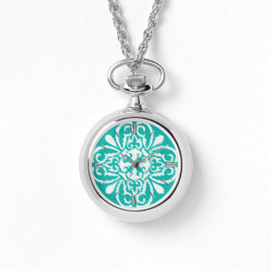Reloj De Pulsera Modelo del damasco de Ikat - turquesa y blanco
