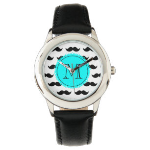 Reloj De Pulsera Modelo negro del bigote, monograma del azul de la