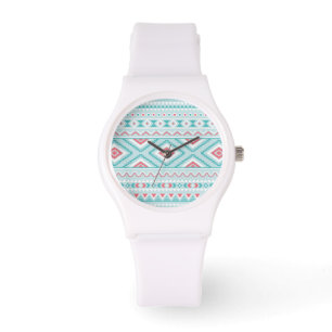 Reloj De Pulsera Modelo tribal azteca verde azulado y rosado