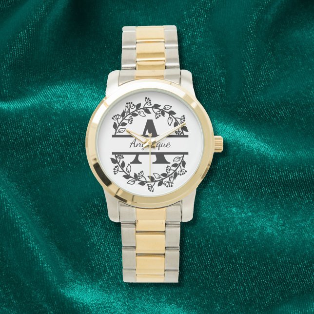Reloj De Pulsera Modern Black Floral Wreath Split Monogram "A" (Subido por el creador)