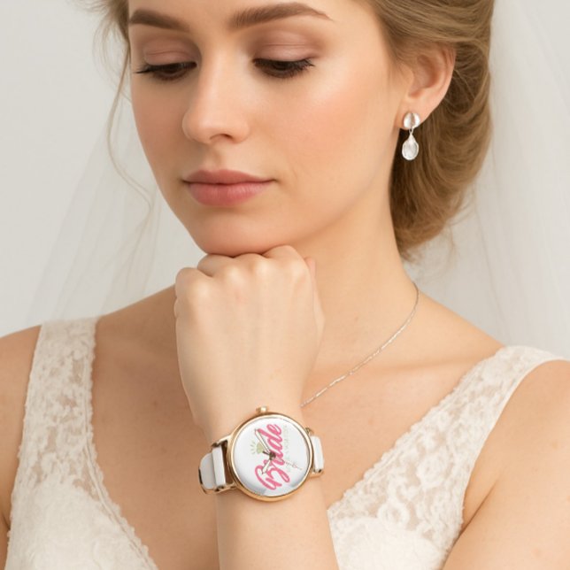 Reloj De Pulsera Modern Custom Bride Name Pink Glittery Diamond  (Modern elegant wedding bride watch)