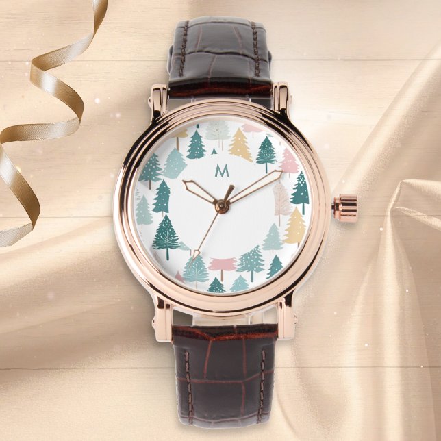 Reloj De Pulsera Modern Scandi Christmas Tree Pattern Monogram (An elegant monogrammed wristwatch with Scandi-style modern Christmas trees pattern in pastel colors)