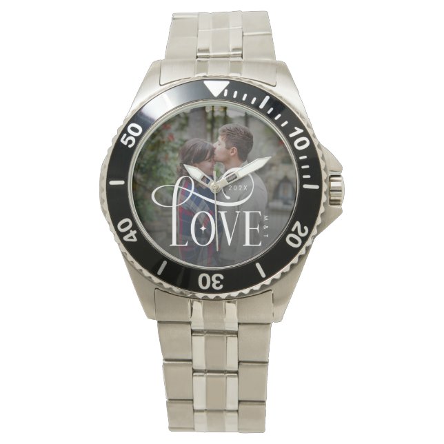 Reloj De Pulsera Modern Script Love Custom Engaged Couples Photo (Anverso)