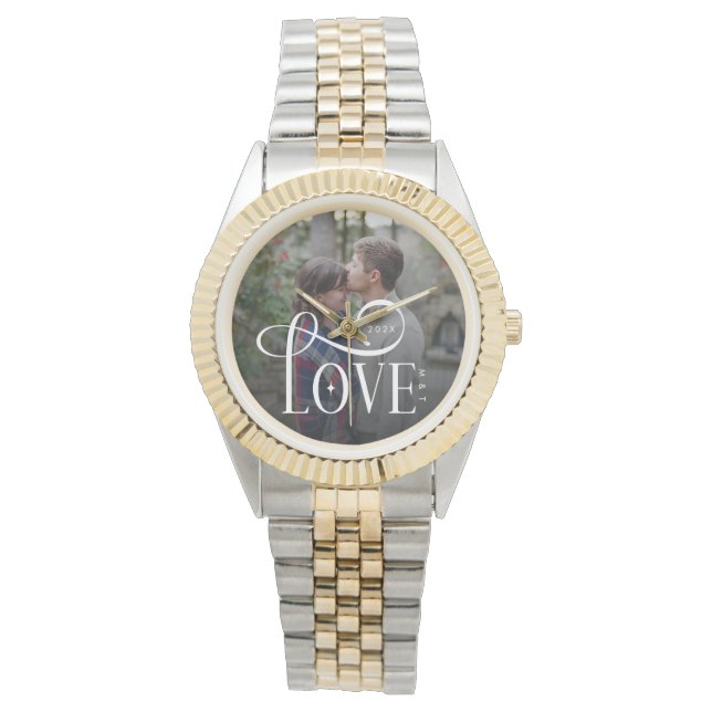 Reloj De Pulsera Modern Script Love Custom Engaged Couples Photo (Anverso)