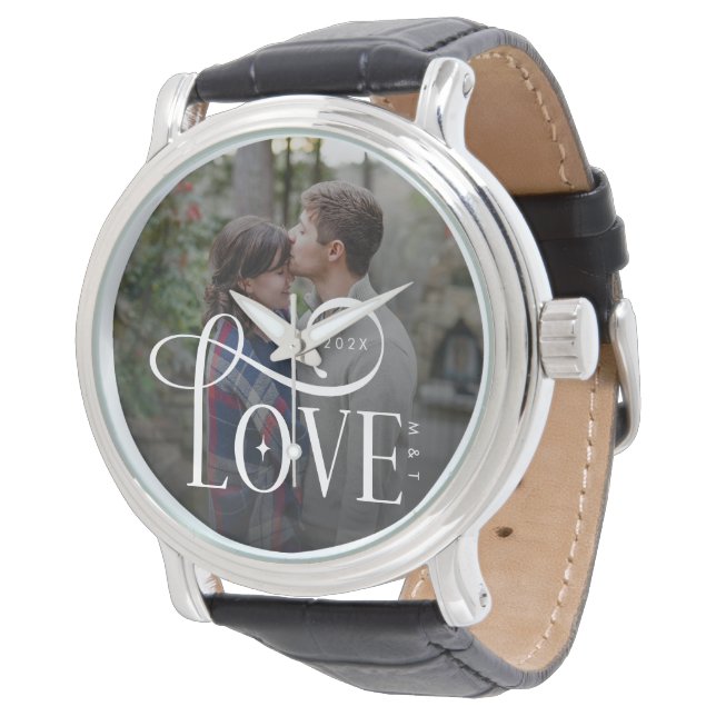 Reloj De Pulsera Modern Script Love Custom Engaged Couples Photo (Angular)