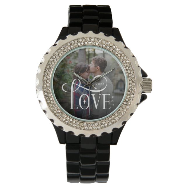 Reloj De Pulsera Modern Script Love Custom Engaged Couples Photo (Anverso)
