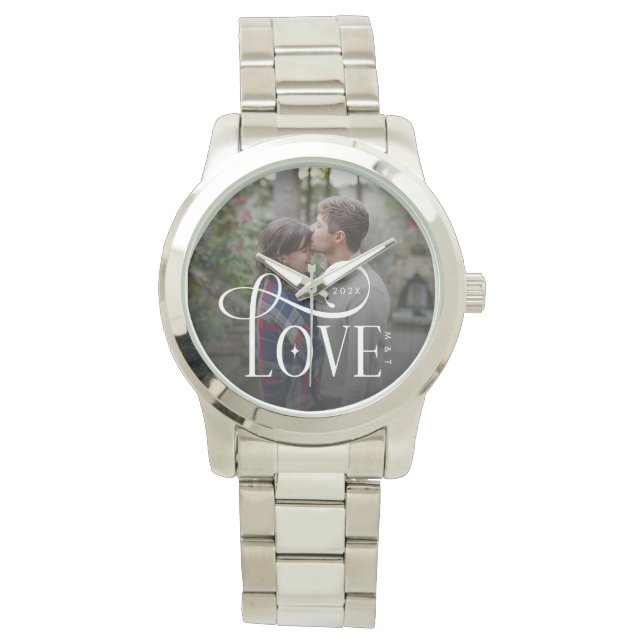 Reloj De Pulsera Modern Script Love Custom Engaged Couples Photo (Anverso)