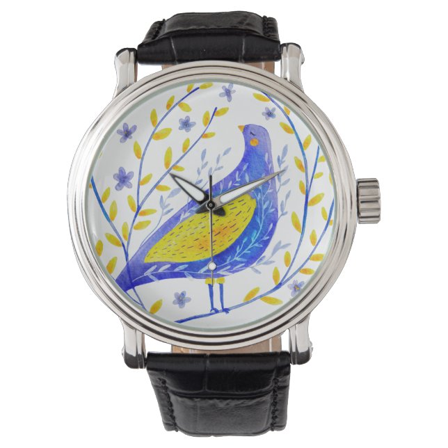 Reloj De Pulsera Moderna acuarela azul y amarillo arte de los pájar (Anverso)