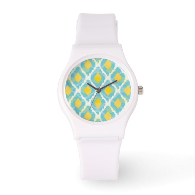 Reloj De Pulsera Moderna moda tribal ikat amarillo azul (Anverso)